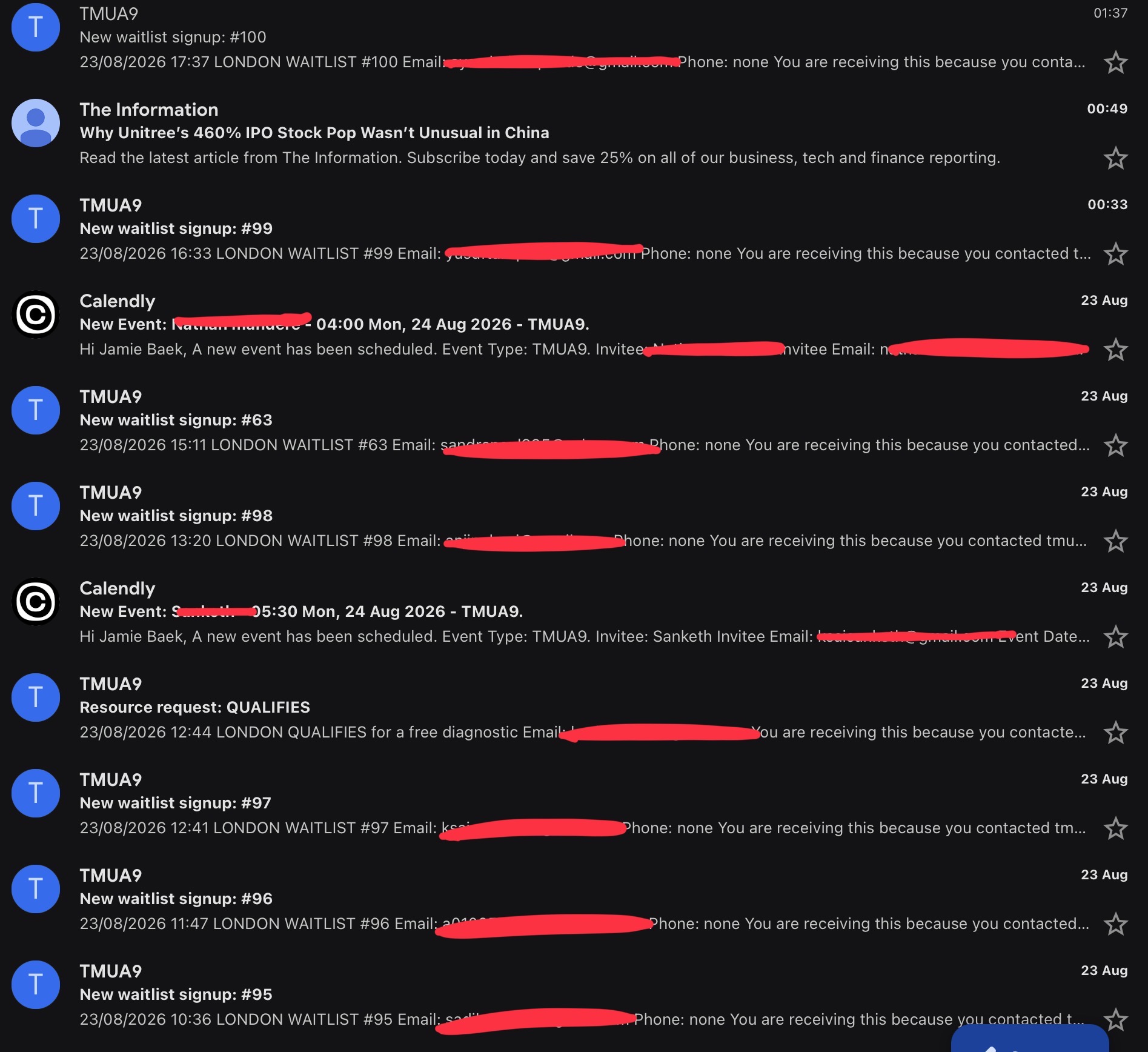 Inbox of waitlist signups and booked diagnostic calls
