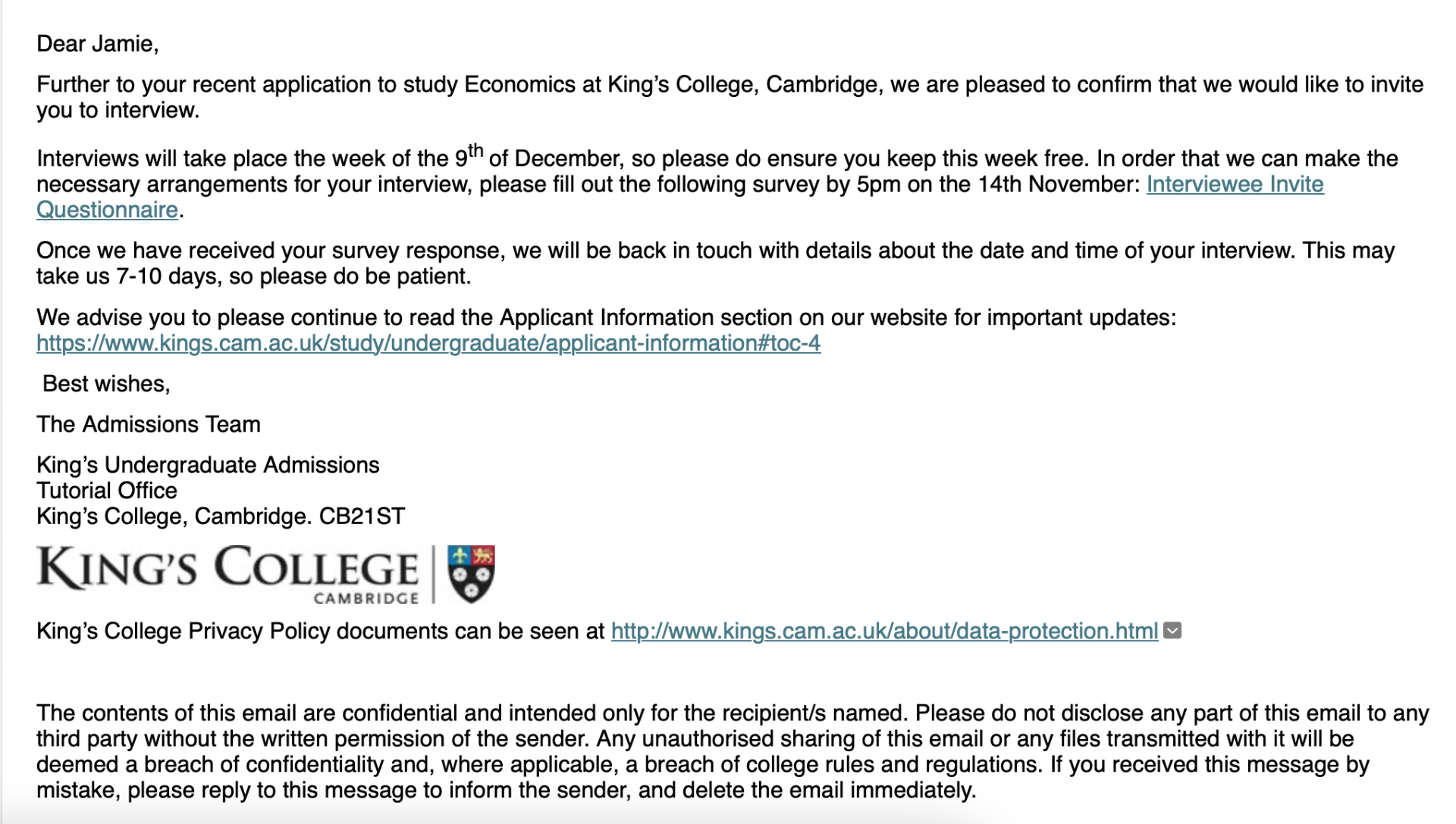 King's College Cambridge interview invitation email.
