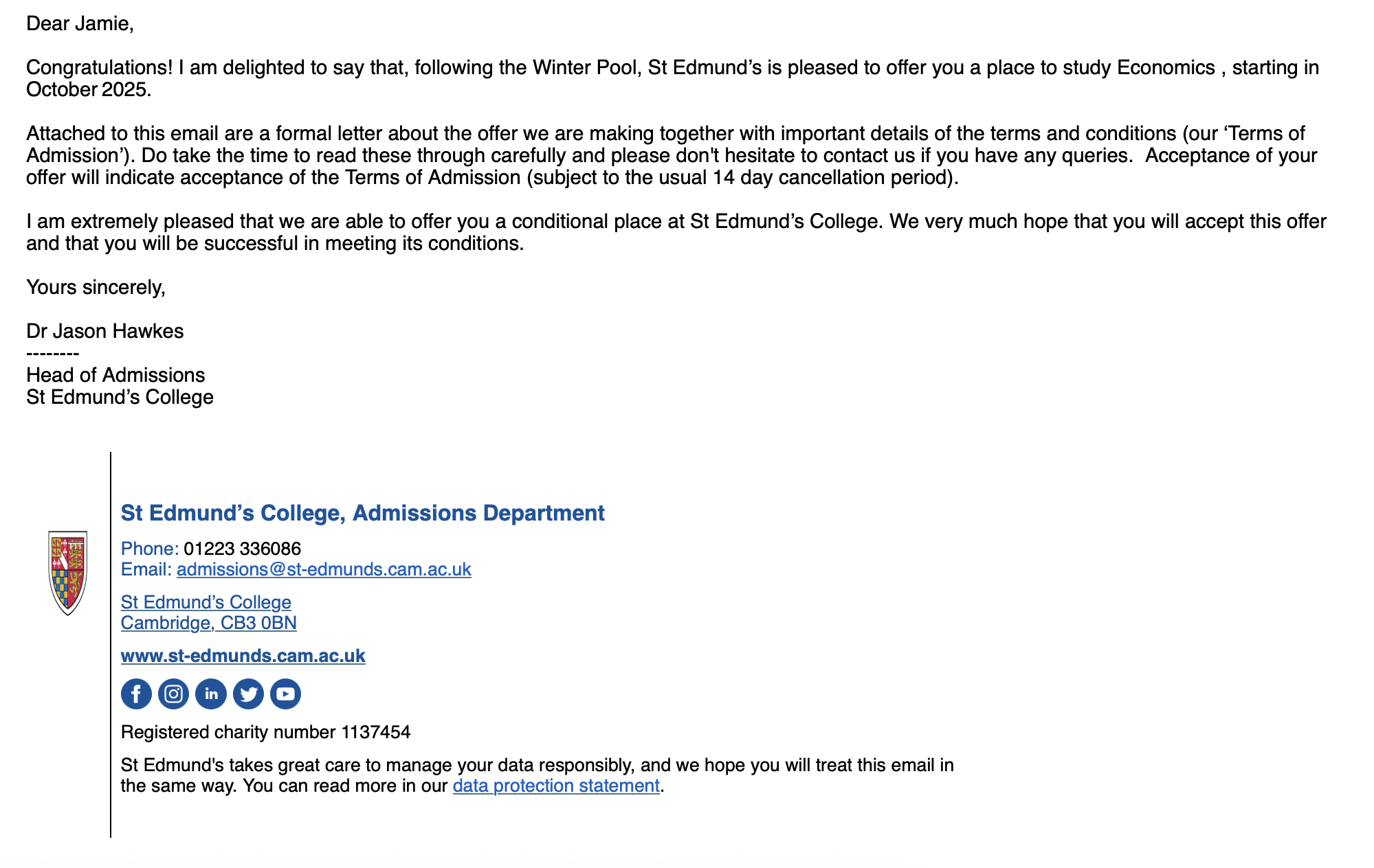 St Edmund's College conditional offer email.