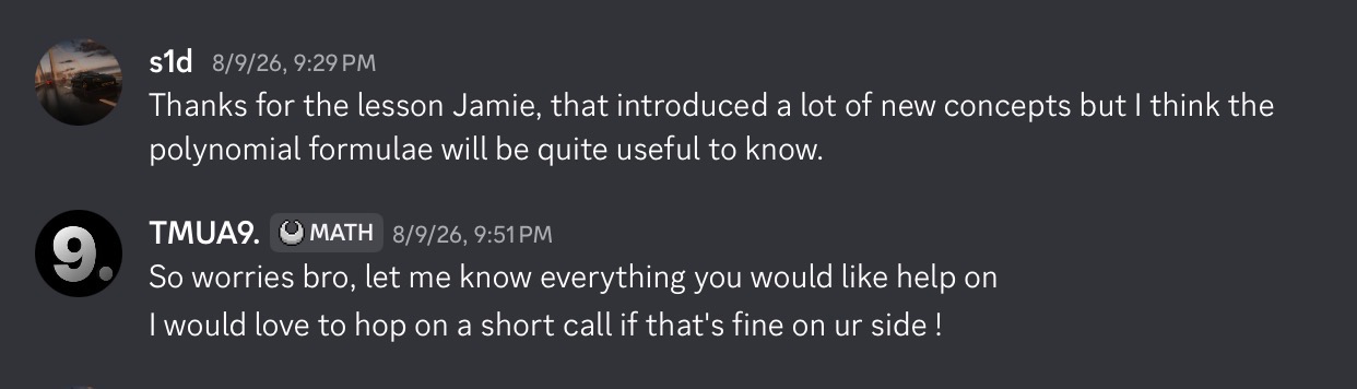 Message from a student after a lesson on polynomial formulae
