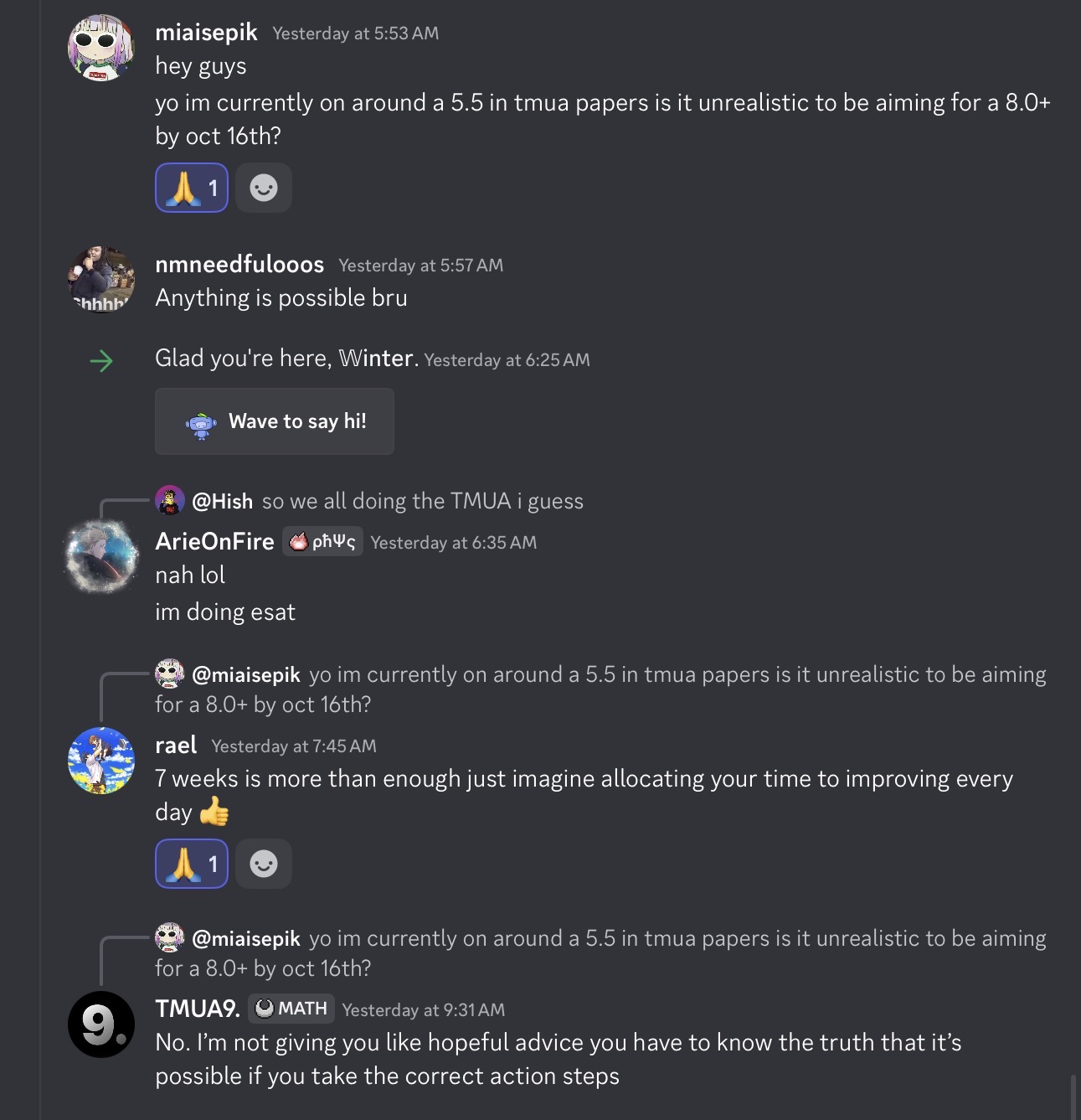 Discord exchange about going from 5.5 to 8.0 before the October sitting