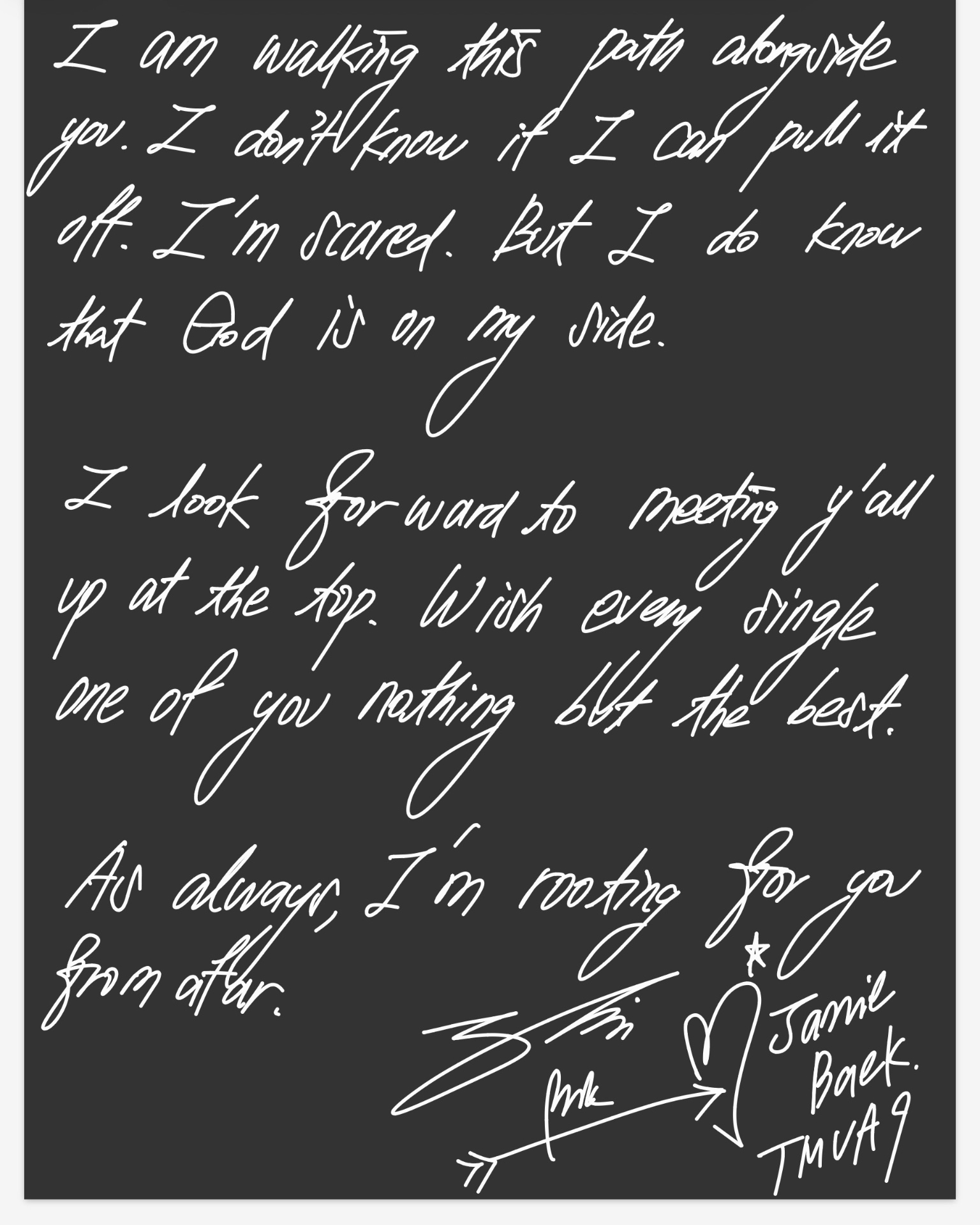Handwritten letter from Jamie Baek, page three.