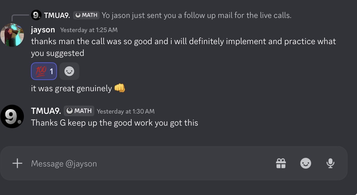 Message from a student after a live call