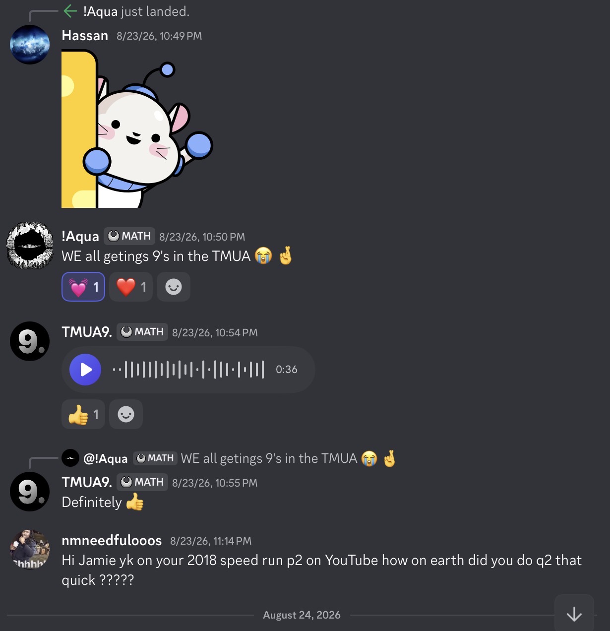 Discord messages from students about the 2018 Paper 2 speedrun