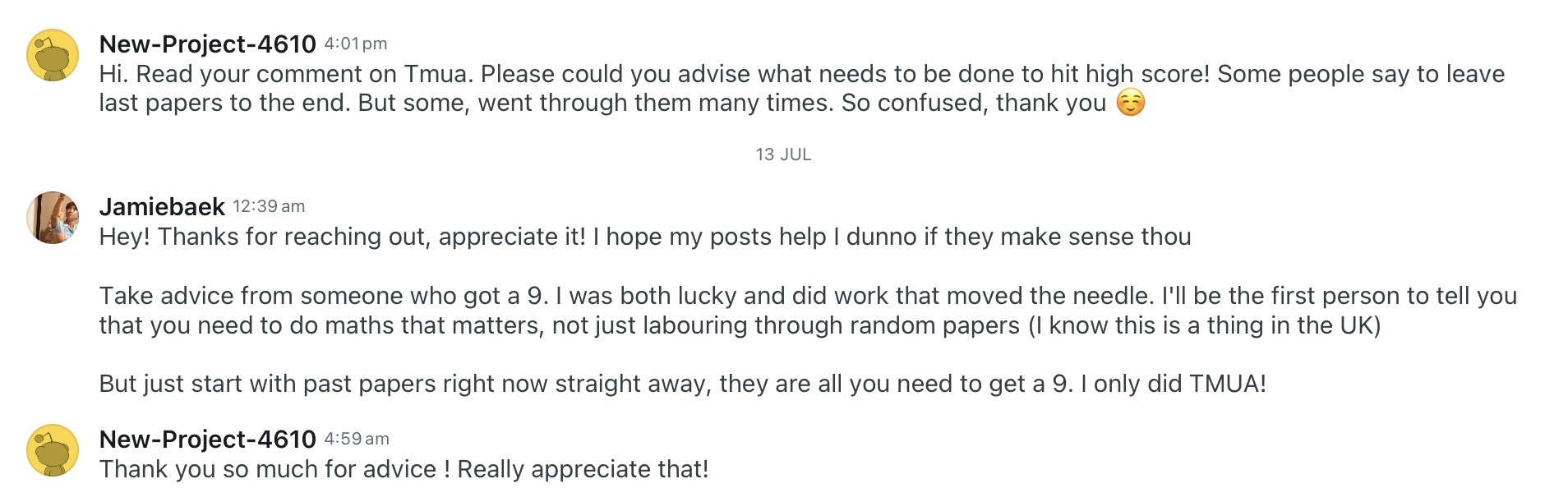 Reddit exchange about TMUA past paper strategy